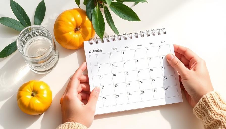 Hands holding a monthly calendar next to a glass of water and fruit