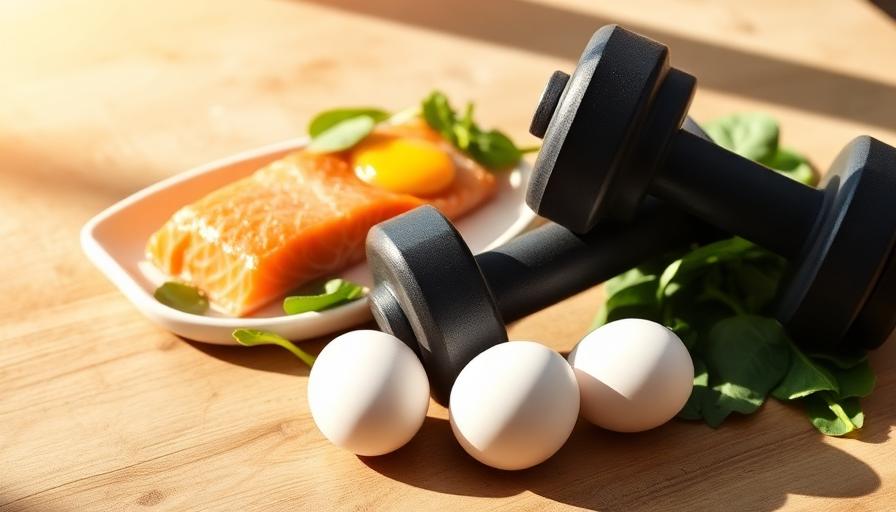 Dumbbells beside salmon, eggs and spinach on a wooden table