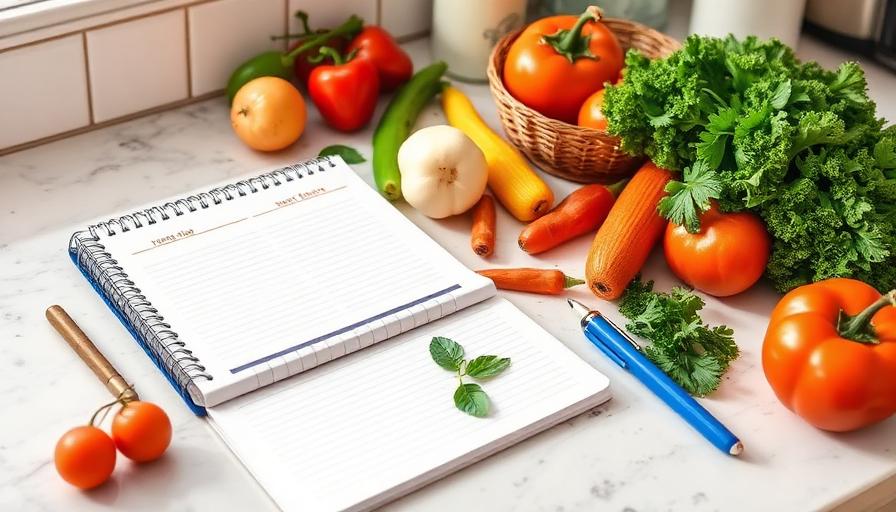 Open notebook beside fresh vegetables on a kitchen counter