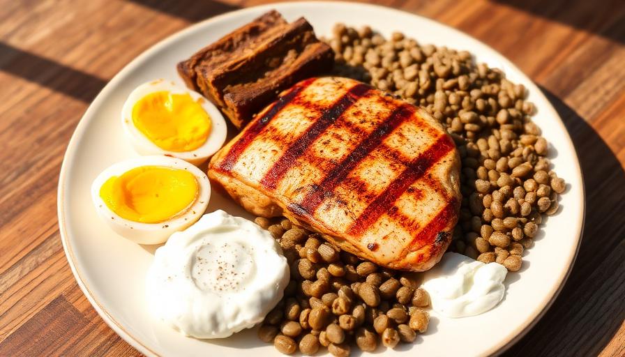 Plate of grilled chicken, eggs, lentils and yogurt