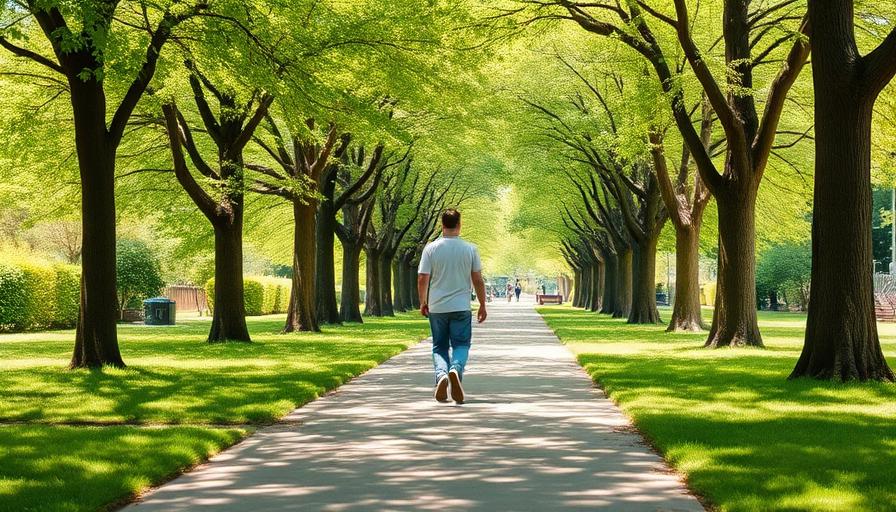 Person walking along a sunny tree-lined park path