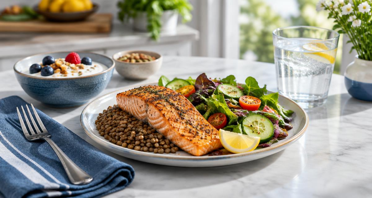 Grilled salmon with lentils, salad, yogurt, berries and water on a bright kitchen table