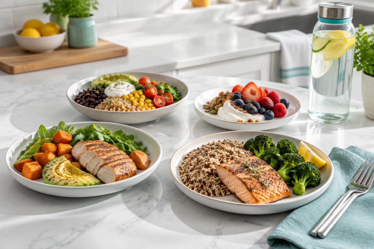 Four small balanced meals with chicken, salmon, beans, grains, vegetables, yogurt, fruit and water