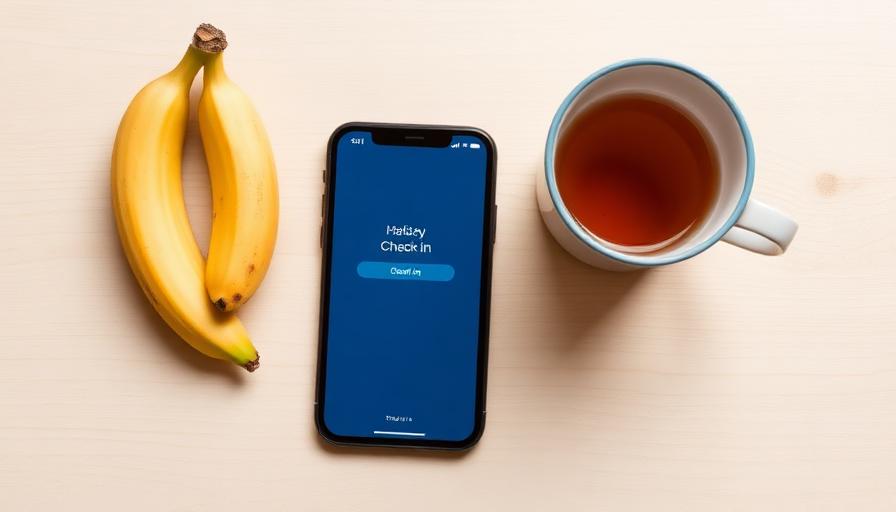 Morning routine with a phone, herbal tea, banana and yogurt on a wooden table