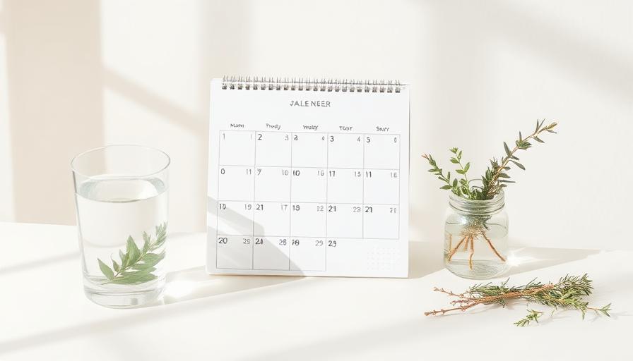 A weekly planner beside a glass of water and fresh herbs