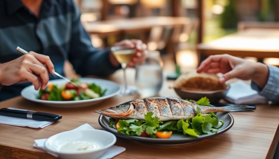 Grilled fish and salad shared at an outdoor restaurant table