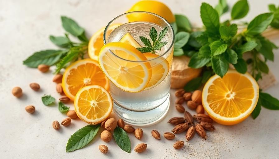 Lemon water with leafy greens, nuts and citrus fruit