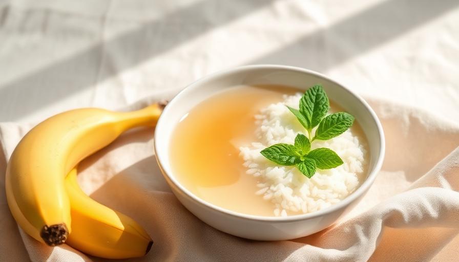 Ginger tea, plain rice porridge and banana on a linen cloth