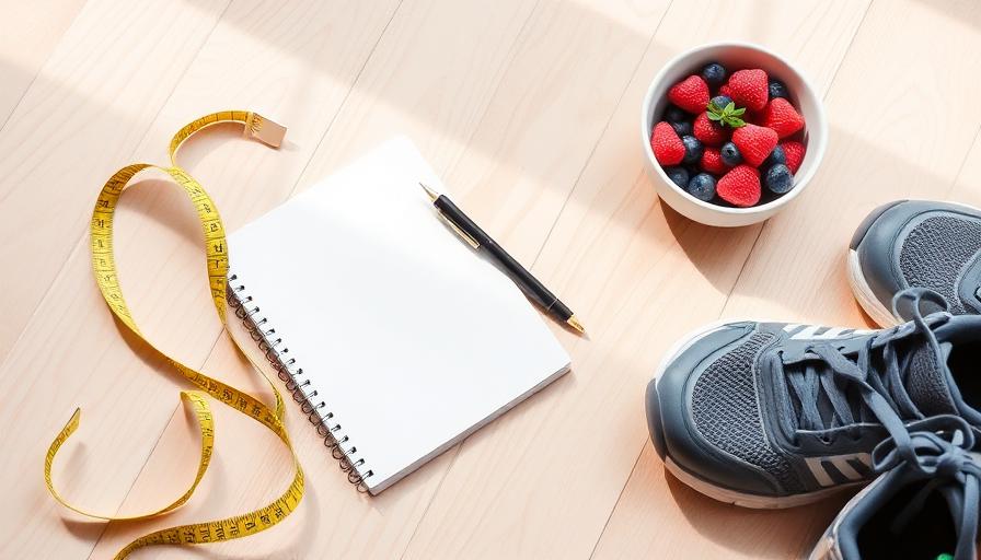 Measuring tape, notebook, berries and walking shoes on a wooden floor
