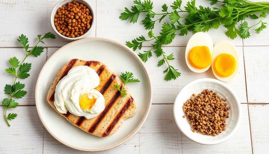 Grilled chicken, boiled eggs, lentils and yogurt on a wooden table
