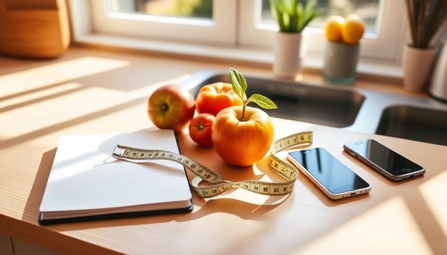 Notebook, measuring tape, fresh fruit and phones on a sunny kitchen counter